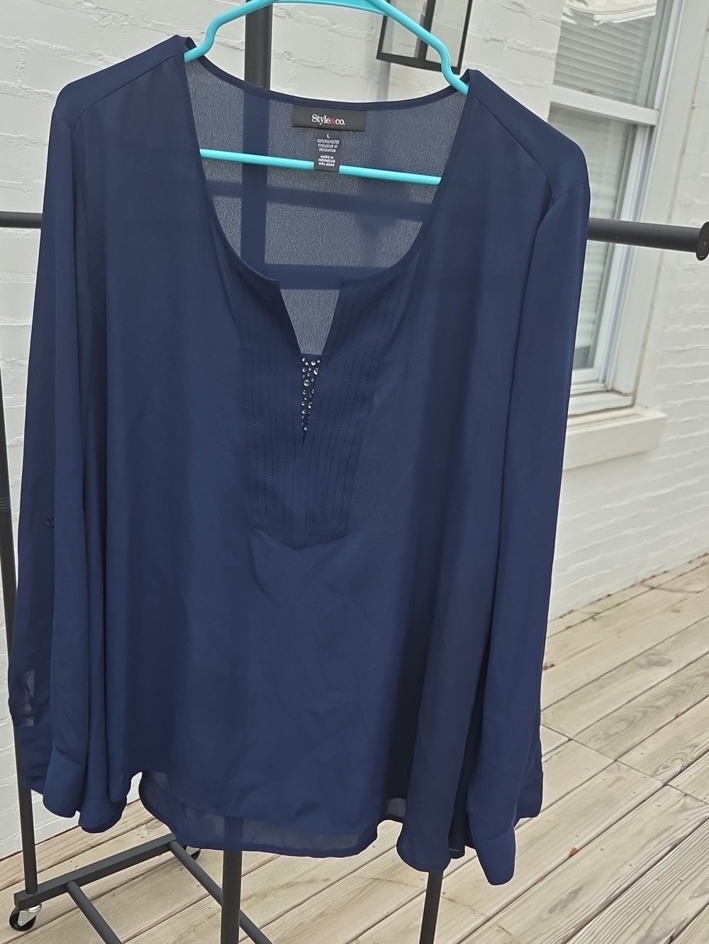 Style & Co. Navy Blue Long-Sleeve V-Notch Tunic Blouse